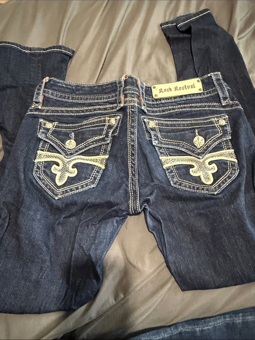 Rock Revival Dark Blue Boot Cut Jeans with Contrast Embroidery